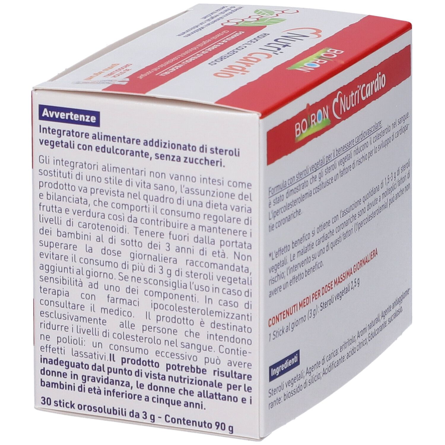 Schachtel Nutri'Cardio, Seite mit Warnhinweisen. Marke Boiron. Text in italienischer Sprache.