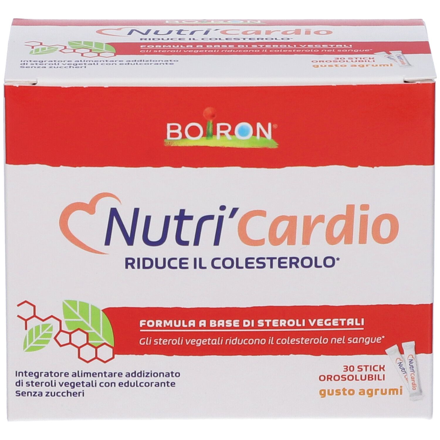 Schachtel Nutri'Cardio, 30 Sticks, Geschmack Zitrone. Marke Boiron. Rote und weiße Verpackung.