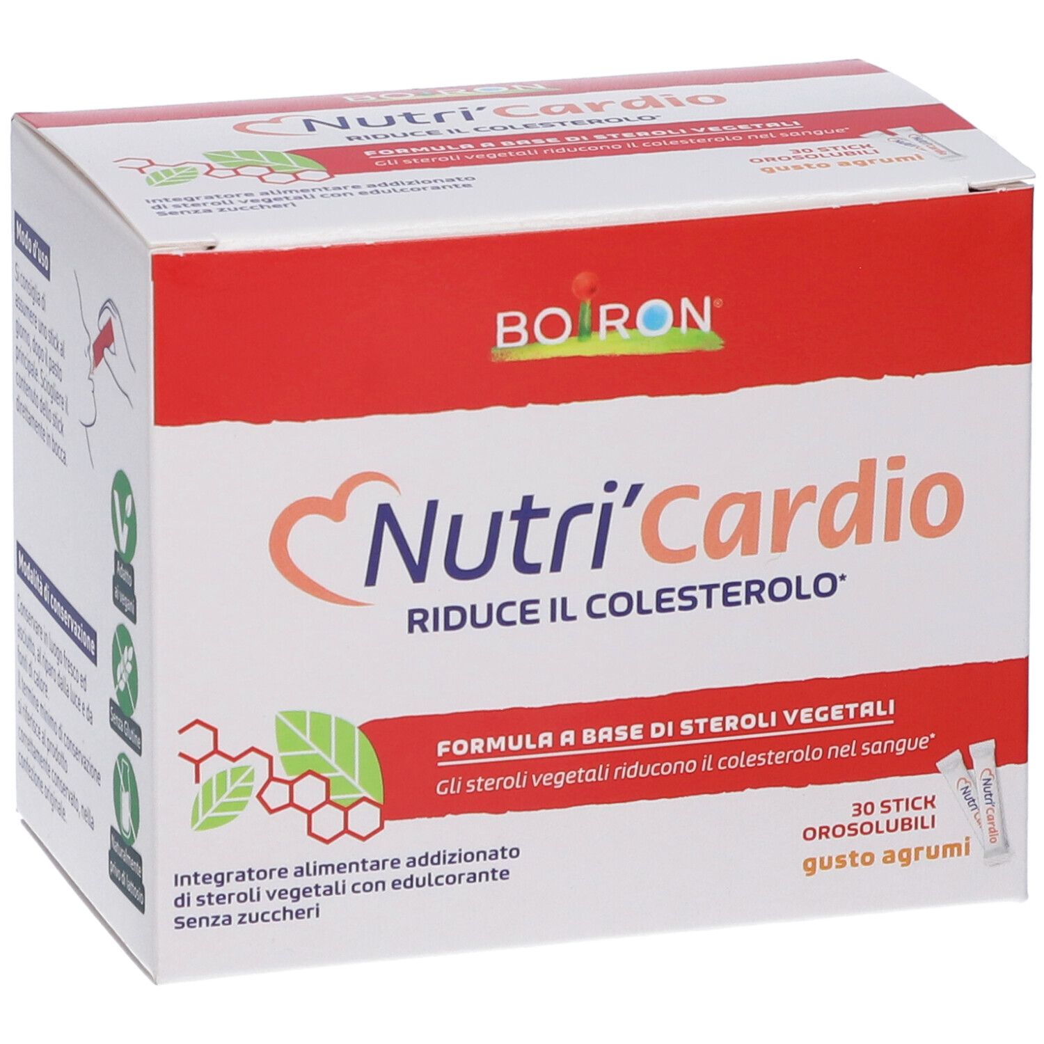 Schachtel Nutri'Cardio, 30 Sticks, Geschmack Zitrone. Marke Boiron. Rote und weiße Verpackung.