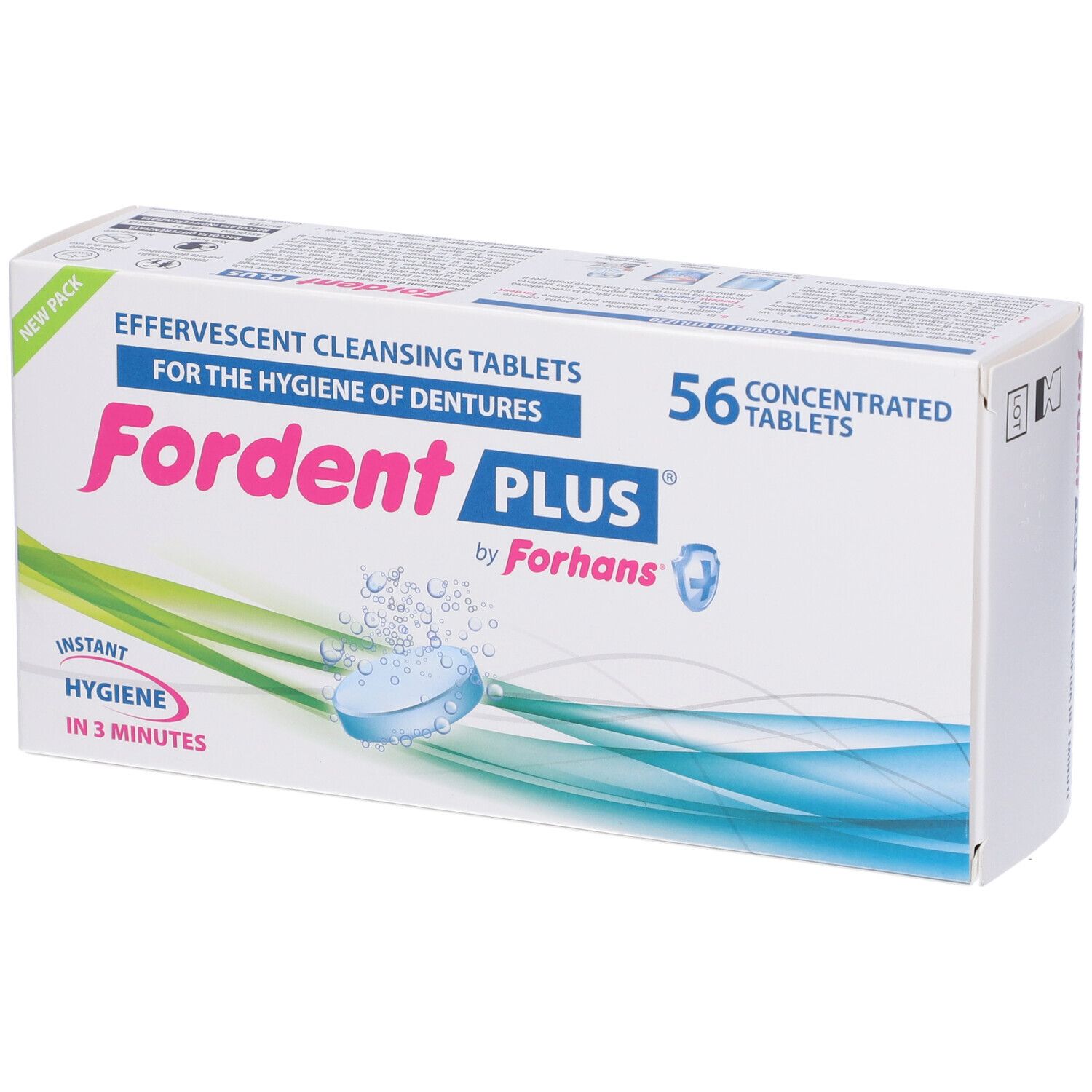 Fordent PLUS-Verpackung mit 56 Tabletten. Text: Effervescent Cleansing Tablets for the Hygiene of Dentures. Blaue Tablette im Wasser.