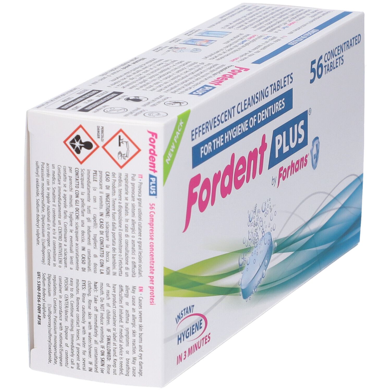 Fordent PLUS-Verpackung, schräg. 56 Tabletten. Text: Effervescent Cleansing Tablets for the Hygiene of Dentures. Gefahrensymbole.