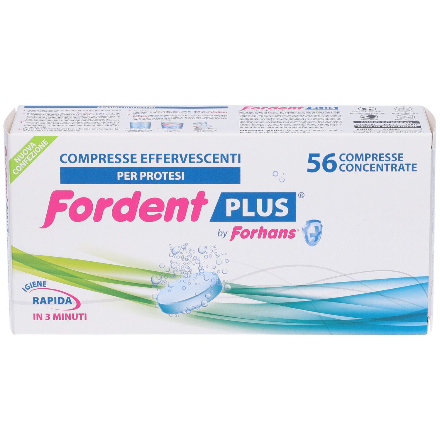 Fordent PLUS-Verpackung mit 56 Brausetabletten. Blaue Tablette im Wasser. Text: Compresse Effervescenti per Protesi.