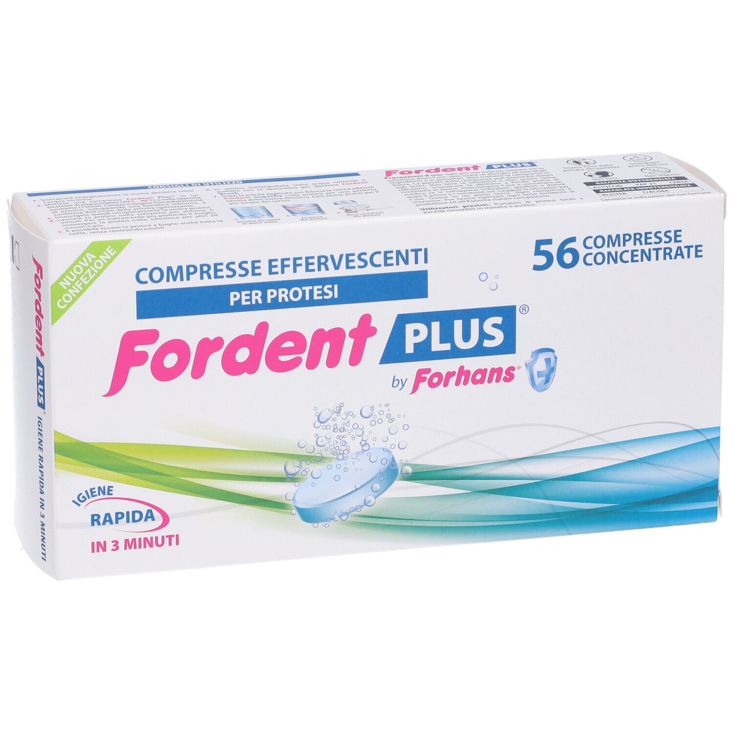Fordent PLUS-Verpackung mit 56 Brausetabletten. Blaue Tablette im Wasser. Text: Compresse Effervescenti per Protesi.