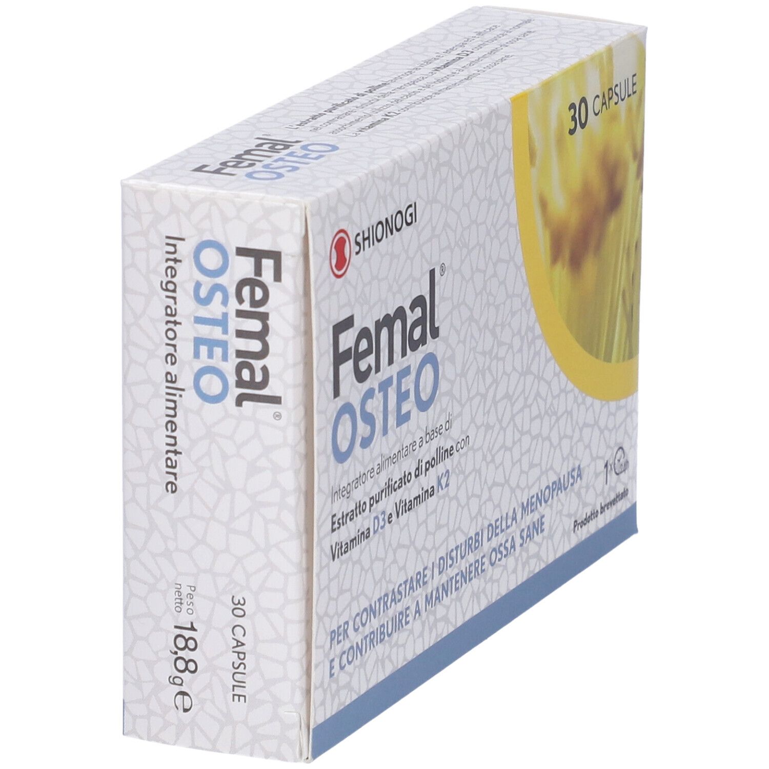 Femal Osteo, Nahrungsergänzungsmittel in einer Schachtel. 30 Kapseln. Enthält Vitamin D3 und K2. Schachtel schräg.