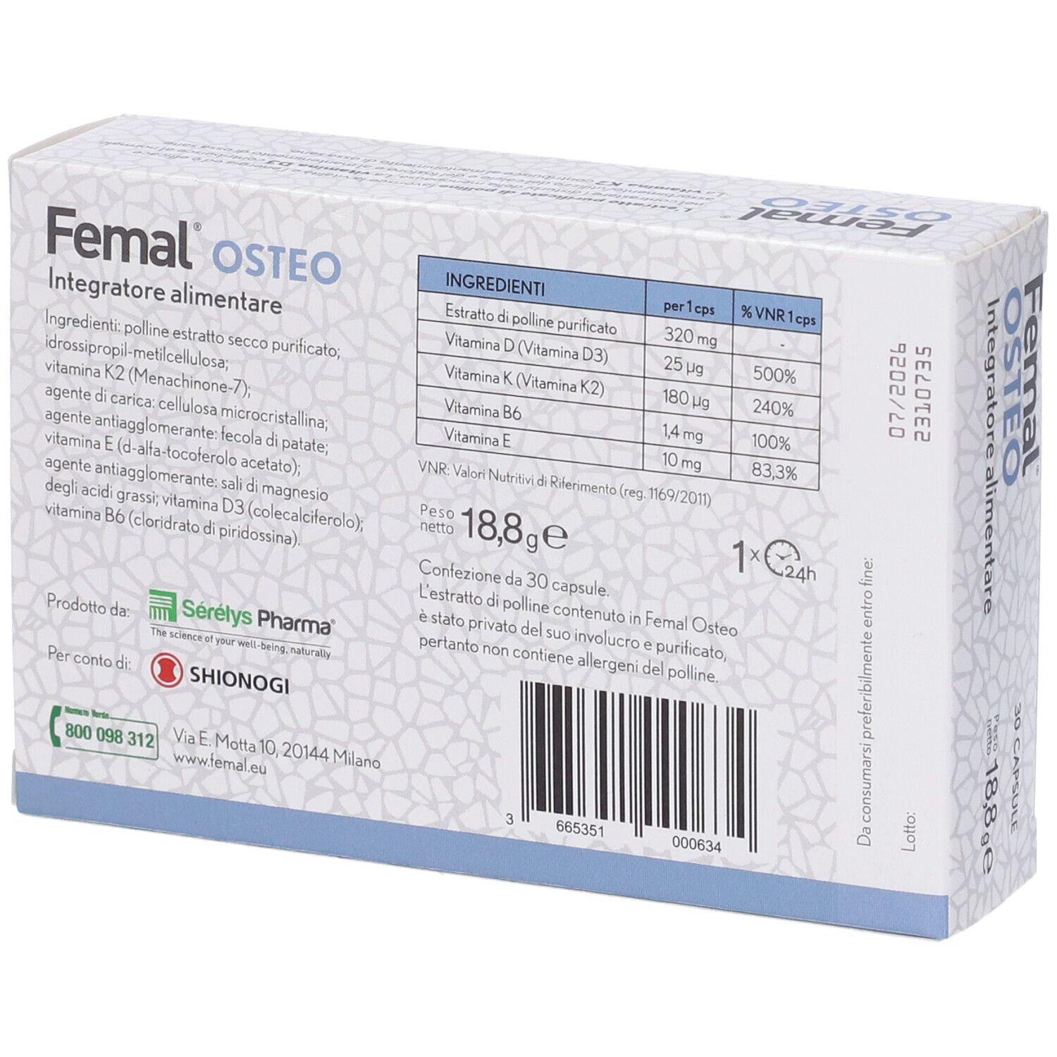 Femal Osteo, Nahrungsergänzungsmittel. Inhaltsstoffe und Nährwertangaben auf der Schachtel. 30 Kapseln.