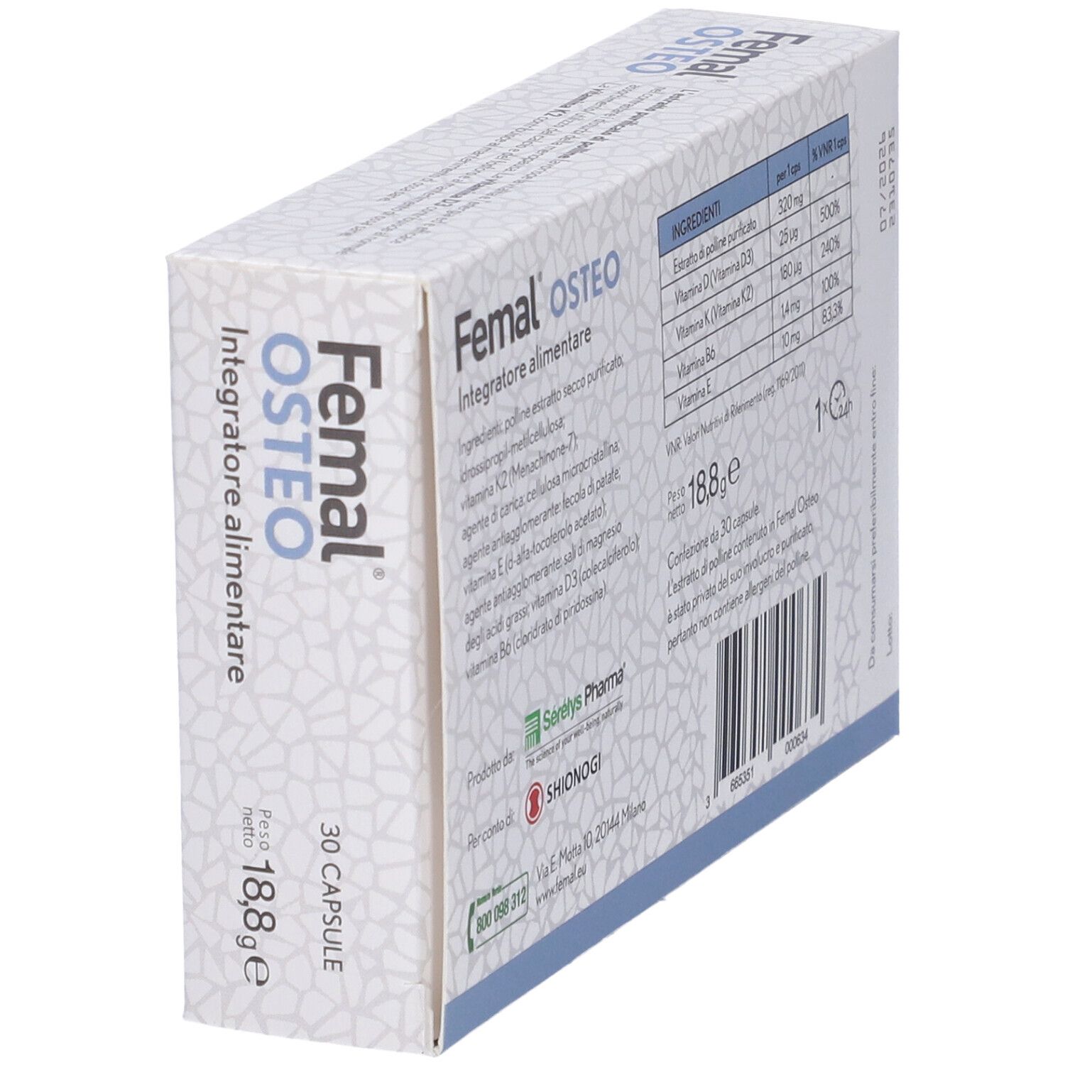 Femal Osteo, Nahrungsergänzungsmittel in einer Schachtel. 30 Kapseln. Enthält Vitamin D3 und K2. Schachtel schräg.