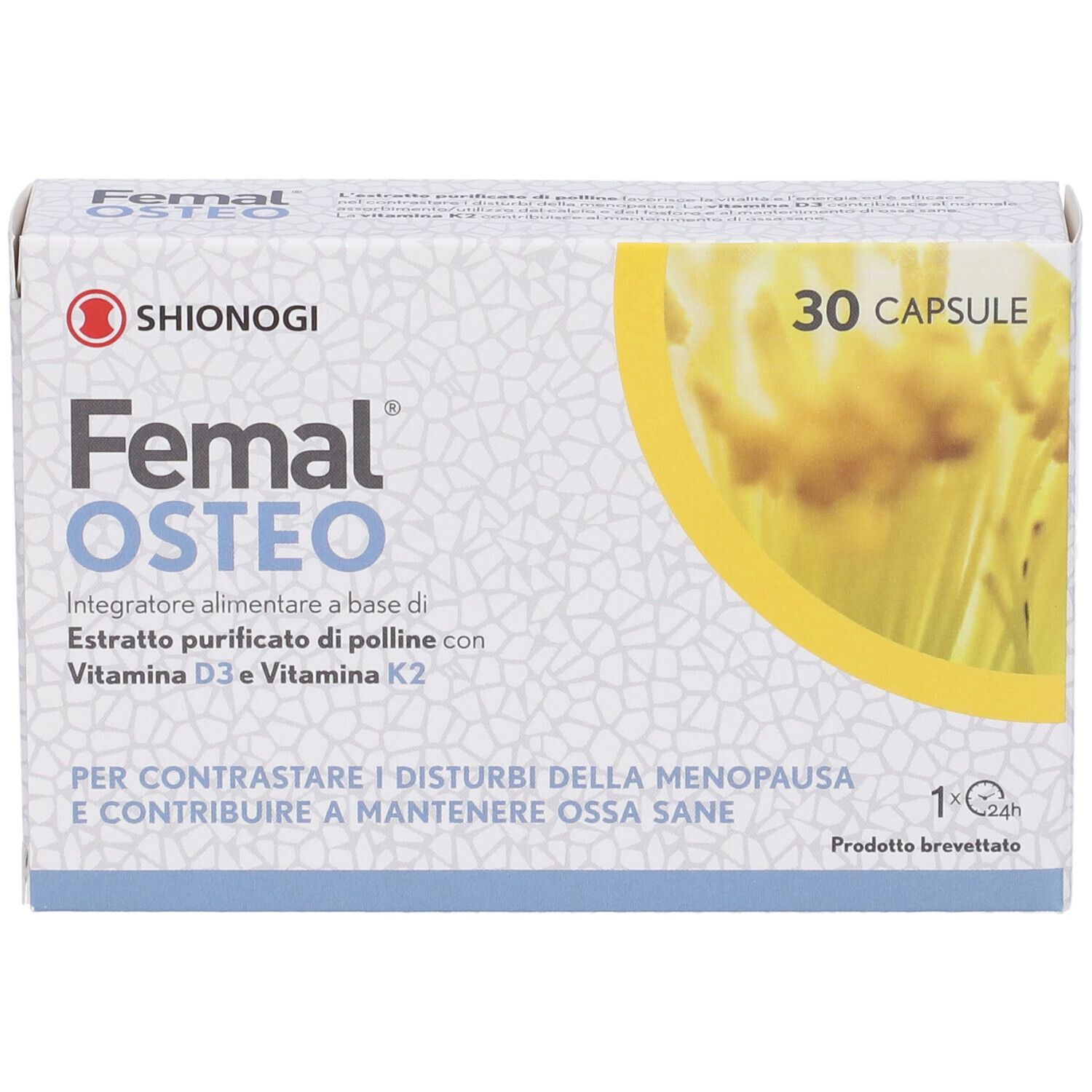 Femal Osteo, Nahrungsergänzungsmittel in einer Schachtel. 30 Kapseln. Enthält Vitamin D3 und K2. Weiß-gelbe Verpackung.