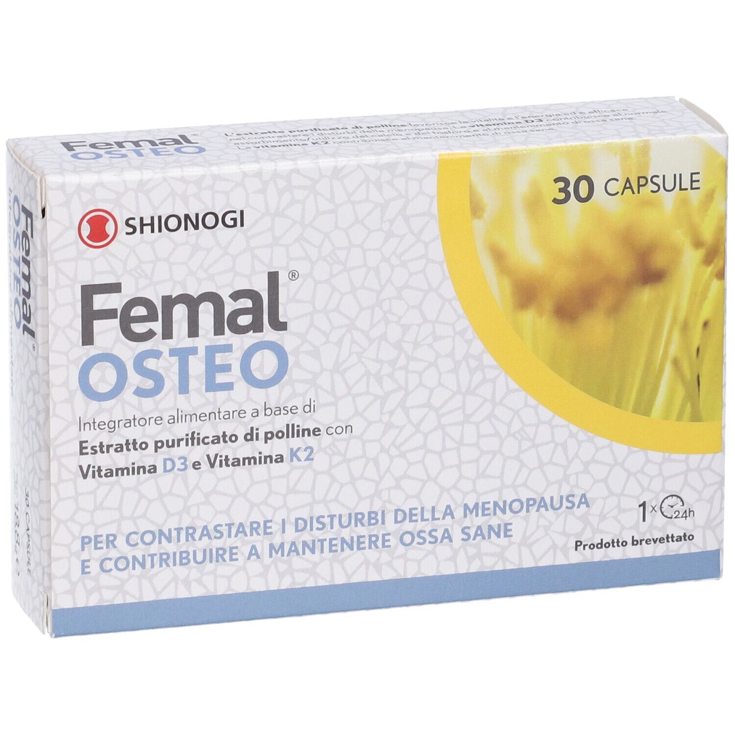 Femal Osteo, Nahrungsergänzungsmittel in einer Schachtel. 30 Kapseln. Enthält Vitamin D3 und K2. Weiß-gelbe Verpackung.