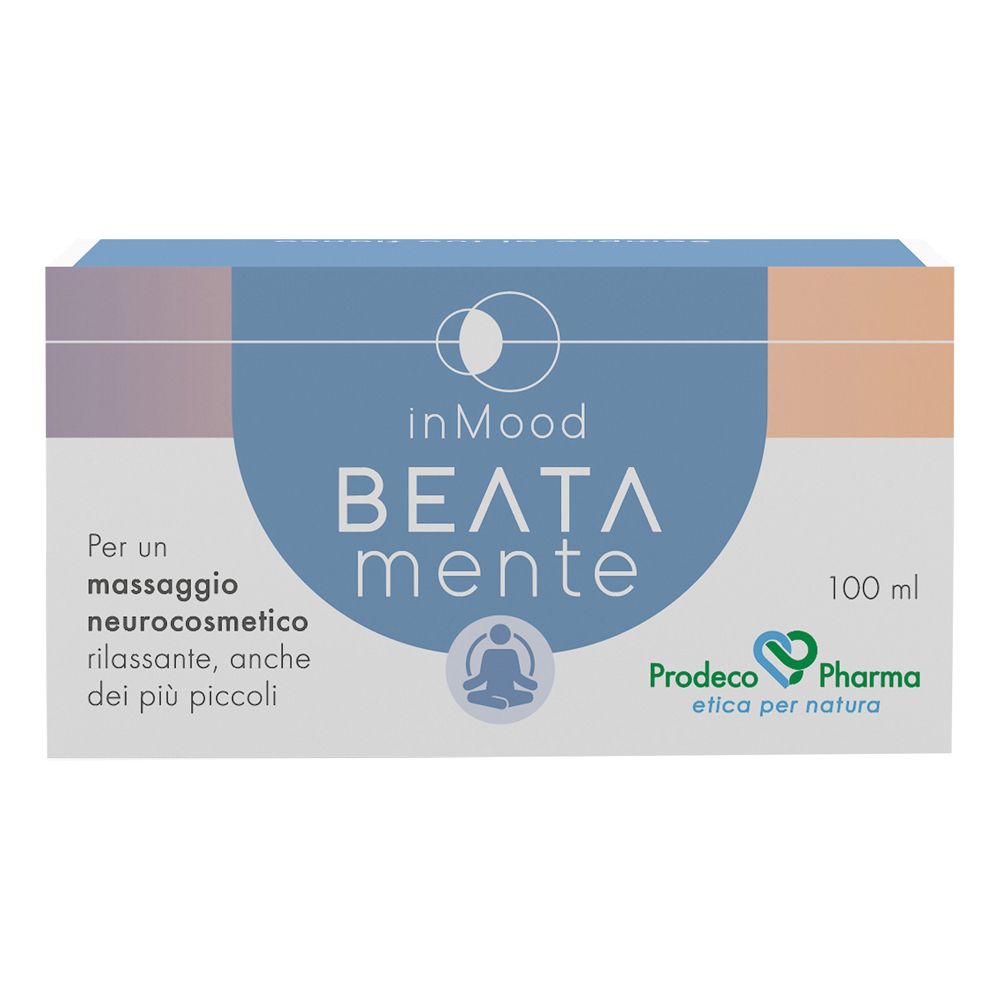 Confezione con nome e logo del prodotto. Testo: "Per un massaggio neurocosmetico rilassante, anche dei più piccoli". Logo: Prodeco Pharma.