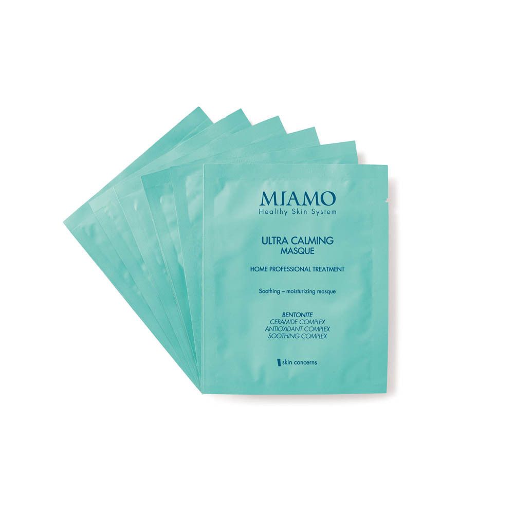 Mehrere helltürkise Einzelverpackungen. Auf jeder steht: Miamo, Ultra Calming Masque, Home Professional Treatment. Enthält Bentonit, Ceramide, Antioxidantien.