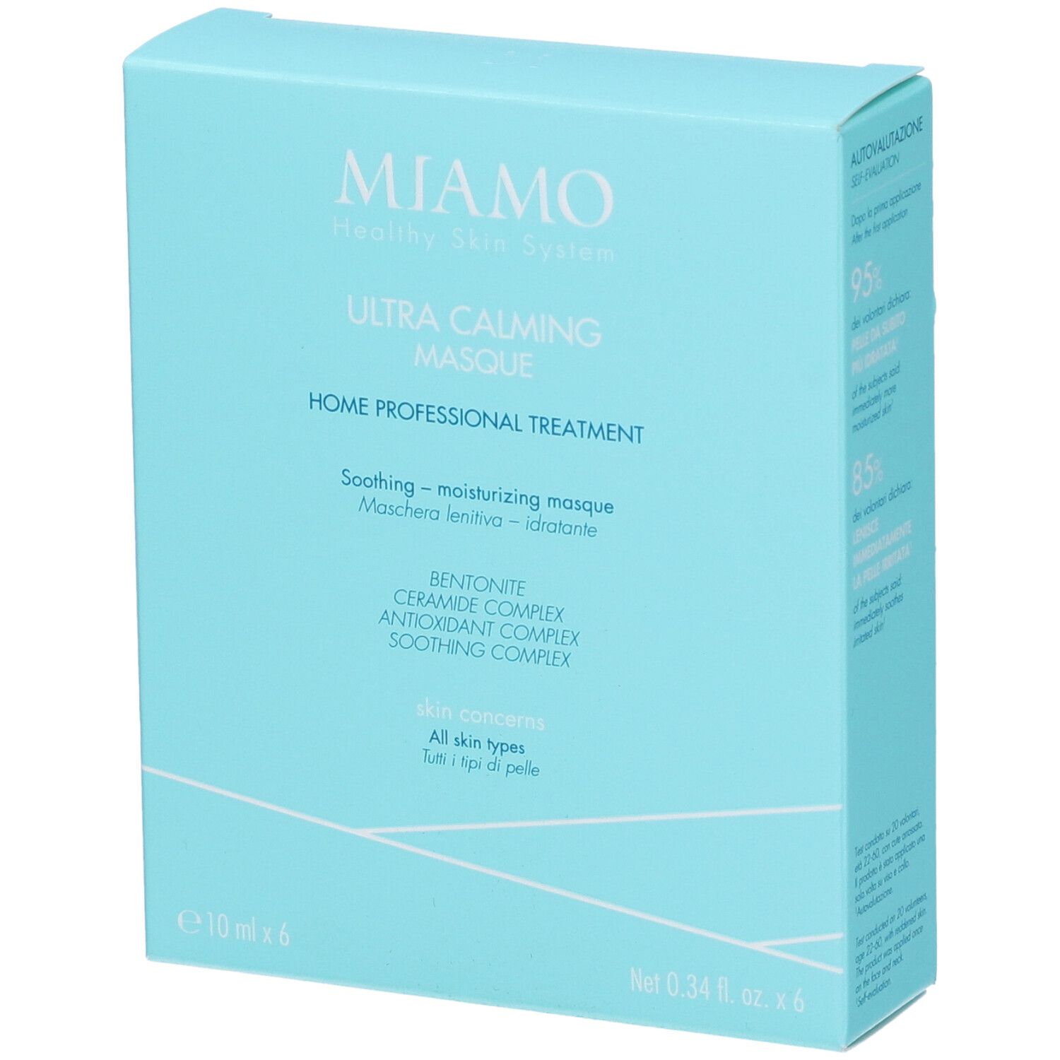 Confezione azzurra con nome e ingredienti del prodotto. Marchio: Miamo. Testo: Ultra Calming Masque.