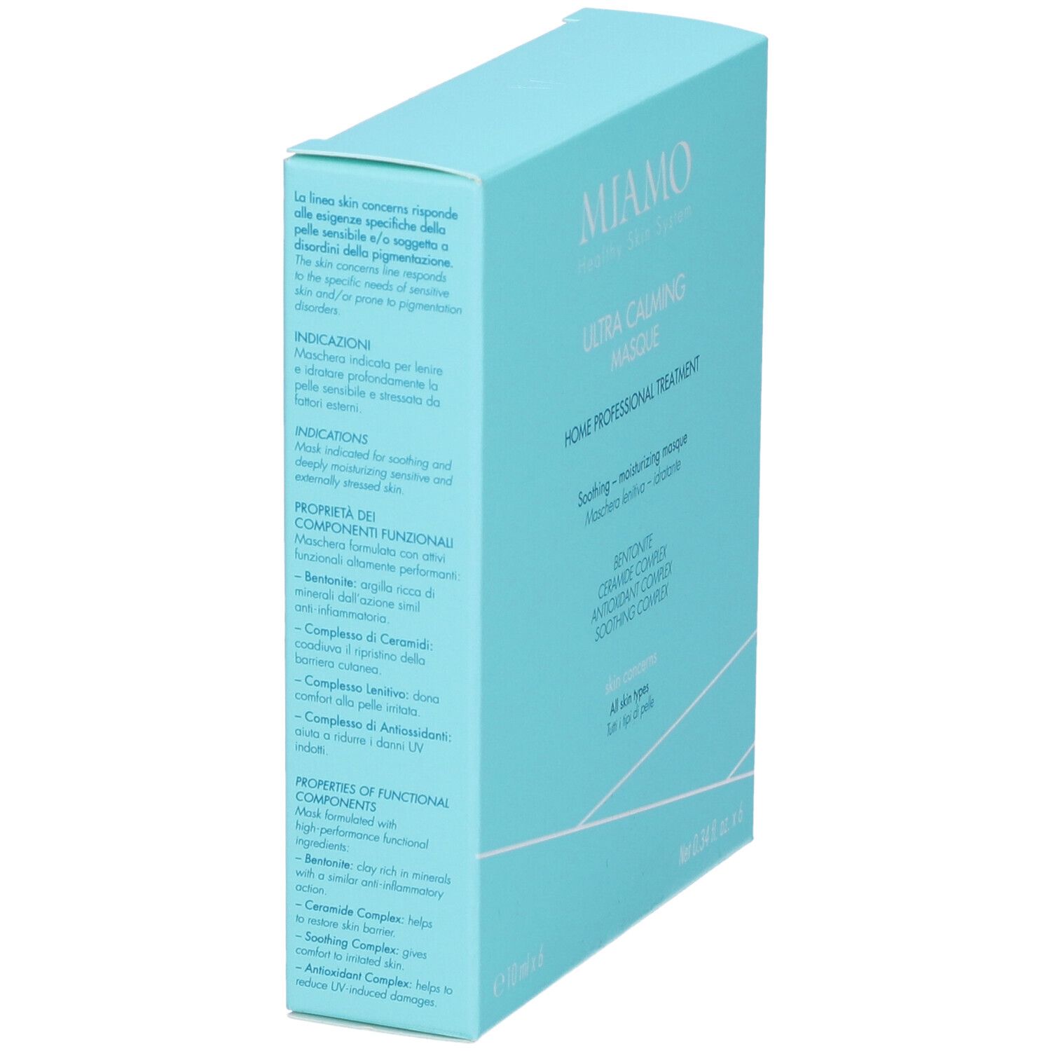 Confezione azzurra, angolata. Testo: Miamo, Ultra Calming Masque, ingredienti. Informazioni sull'uso.