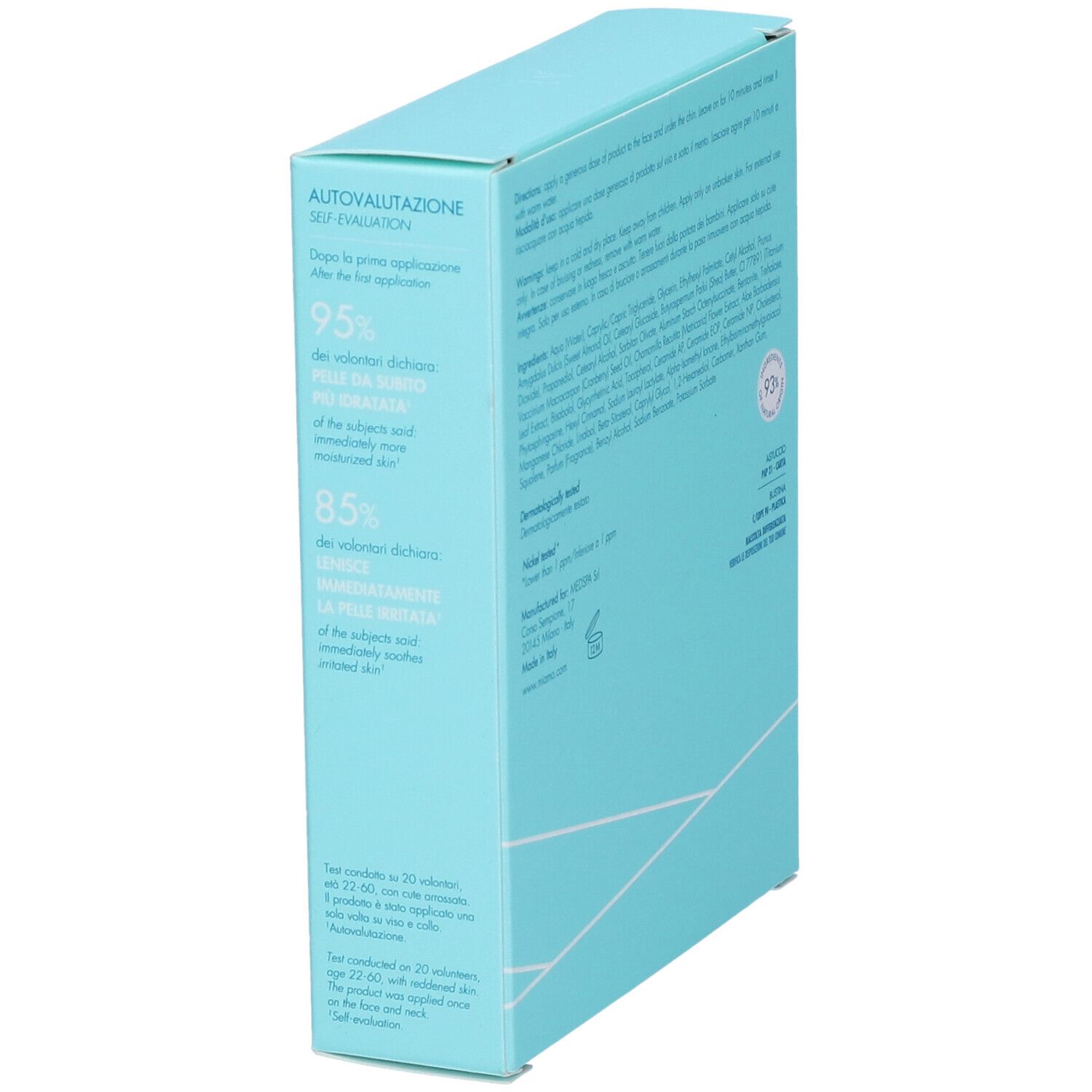 Confezione azzurra, angolata. Testo: Miamo, Ultra Calming Masque, risultati autovalutazione.