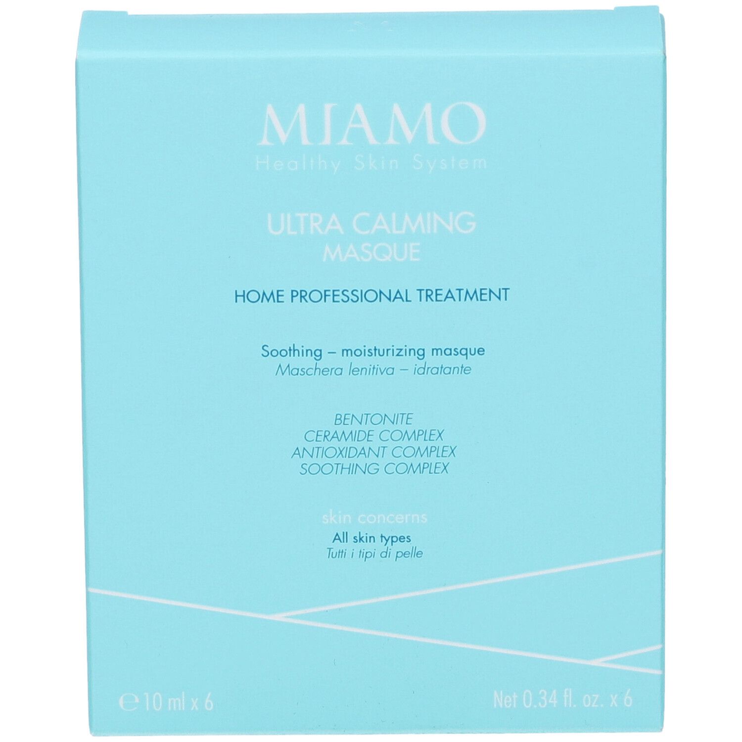 Confezione azzurra. Testo: Miamo, Ultra Calming Masque, ingredienti. Confezione da 6 x 10 ml.