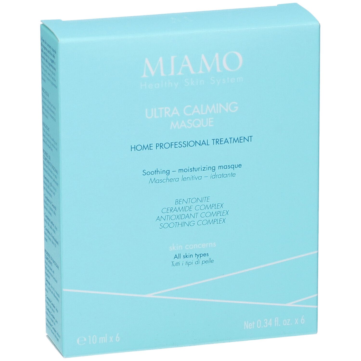 Confezione azzurra. Testo: Miamo, Ultra Calming Masque, ingredienti. Confezione da 6 x 10 ml.