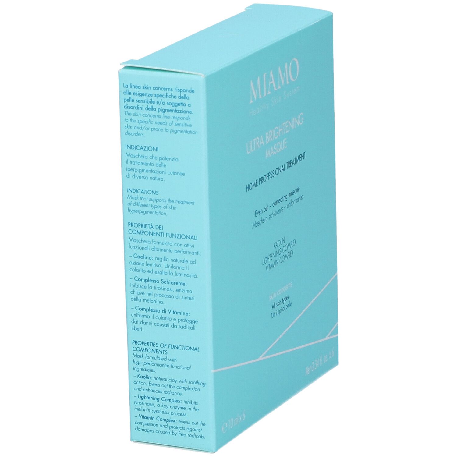 Scatola azzurra inclinata. Testo: Miamo Ultra Brightening Masque. Contiene informazioni sull'uso.