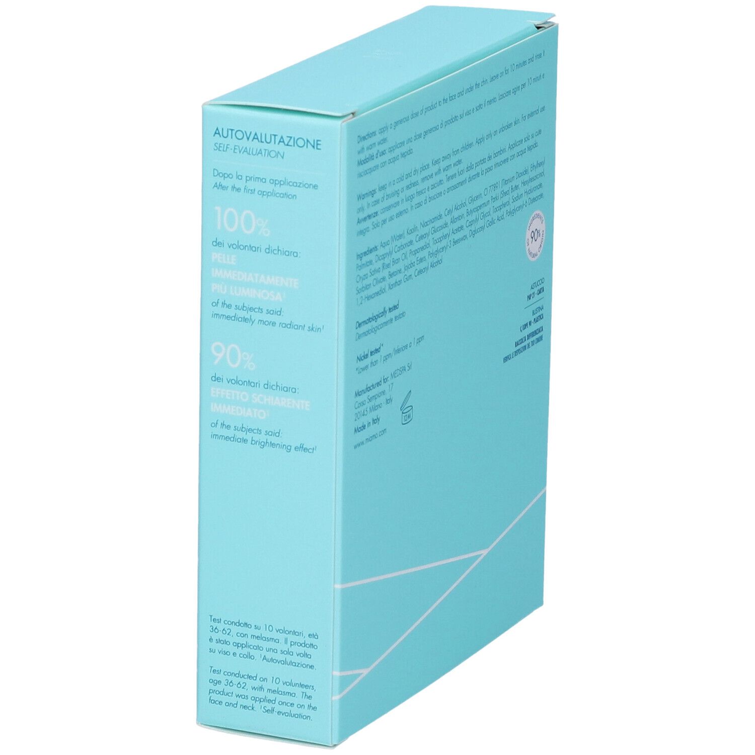 Scatola azzurra inclinata. Testo: Miamo Ultra Brightening Masque. Contiene informazioni di autovalutazione.