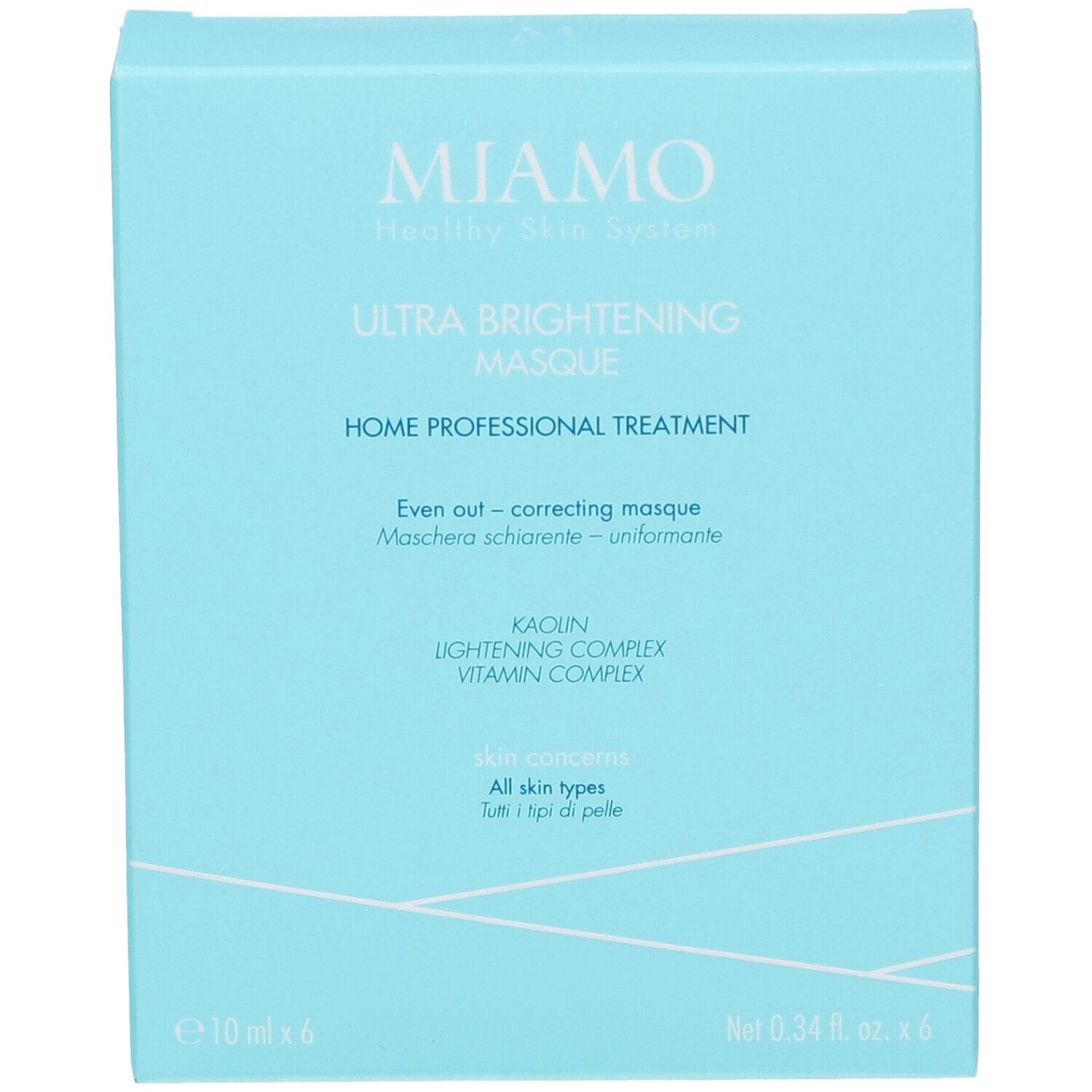 Scatola azzurra con informazioni sul prodotto. Scritto: Miamo Ultra Brightening Masque. Contiene 6 x 10 ml.