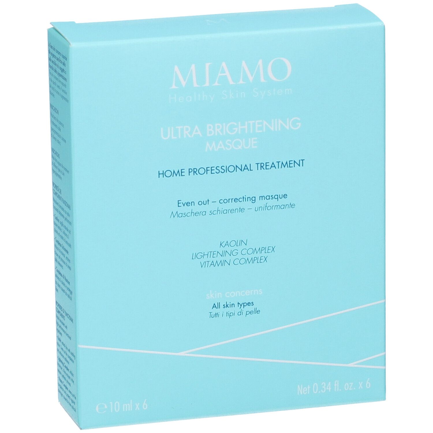 Scatola azzurra con informazioni sul prodotto. Scritto: Miamo Ultra Brightening Masque. Contiene 6 x 10 ml.