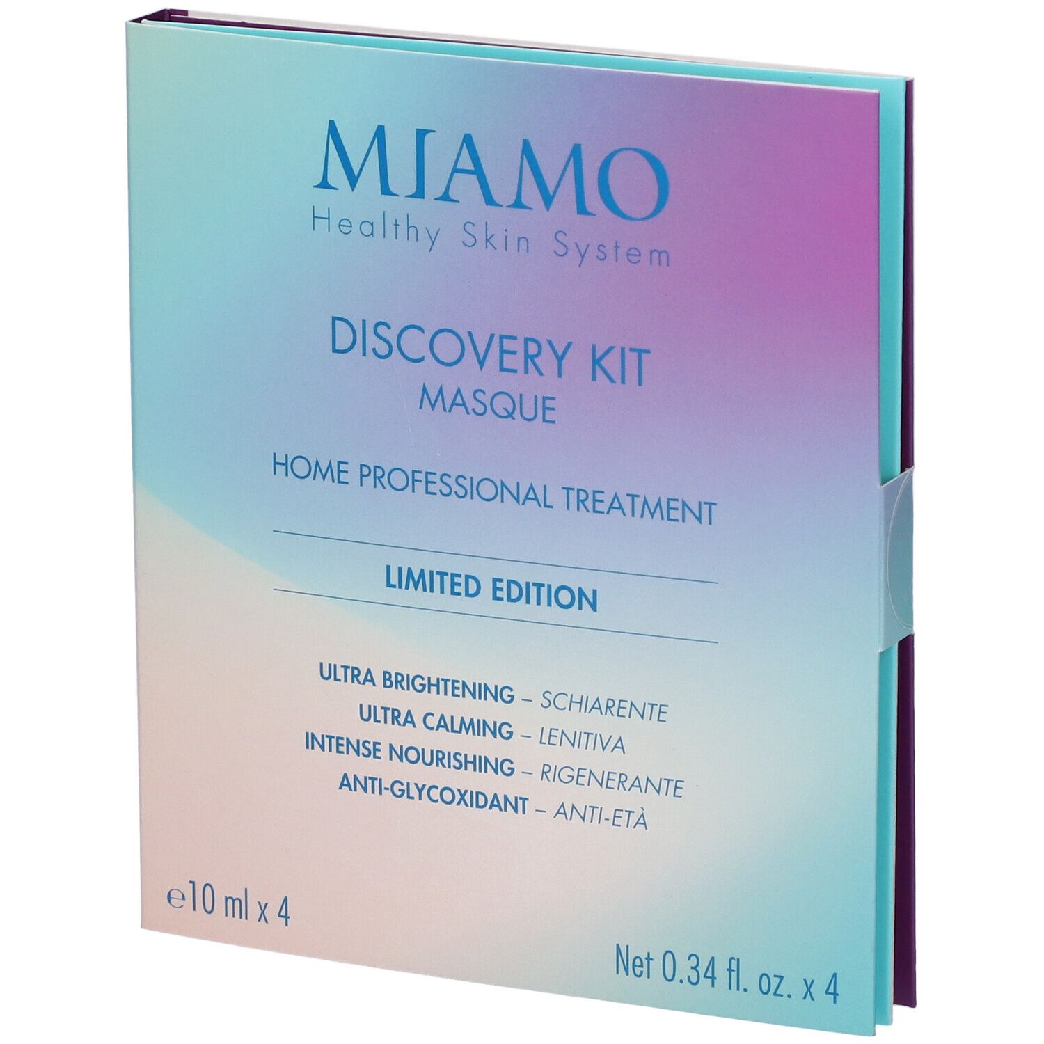 MIAMO Discovery Kit Masque Limited Edition. Confezione con informazioni sul prodotto. Sfumatura blu e lilla. Testo: Ultra Brightening, Ultra Calming.