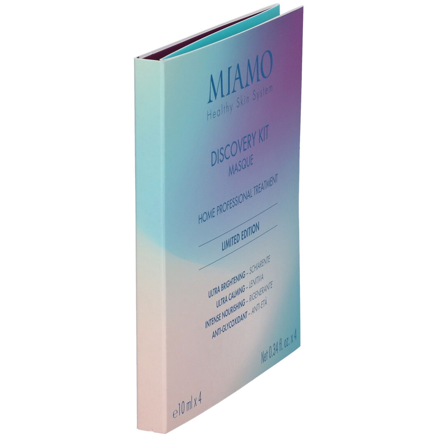 MIAMO Discovery Kit Masque Limited Edition. Confezione angolata. Sfumatura blu e lilla. Testo: Discovery Kit Masque, Limited Edition.