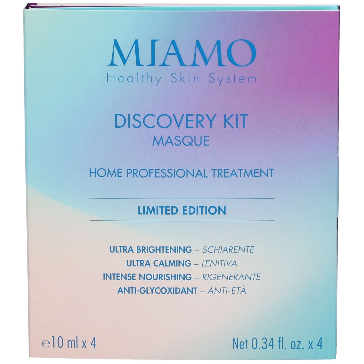 MIAMO Discovery Kit Masque Limited Edition. Confezione con informazioni sul prodotto. Sfumatura blu e lilla. Testo: Ultra Brightening, Ultra Calming.