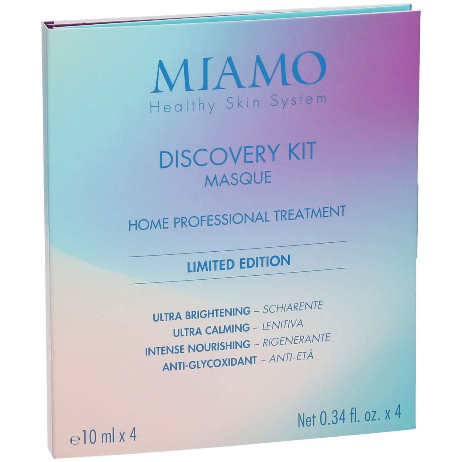 MIAMO Discovery Kit Masque Limited Edition. Confezione con informazioni sul prodotto. Sfumatura blu e lilla. Testo: Ultra Brightening, Ultra Calming.