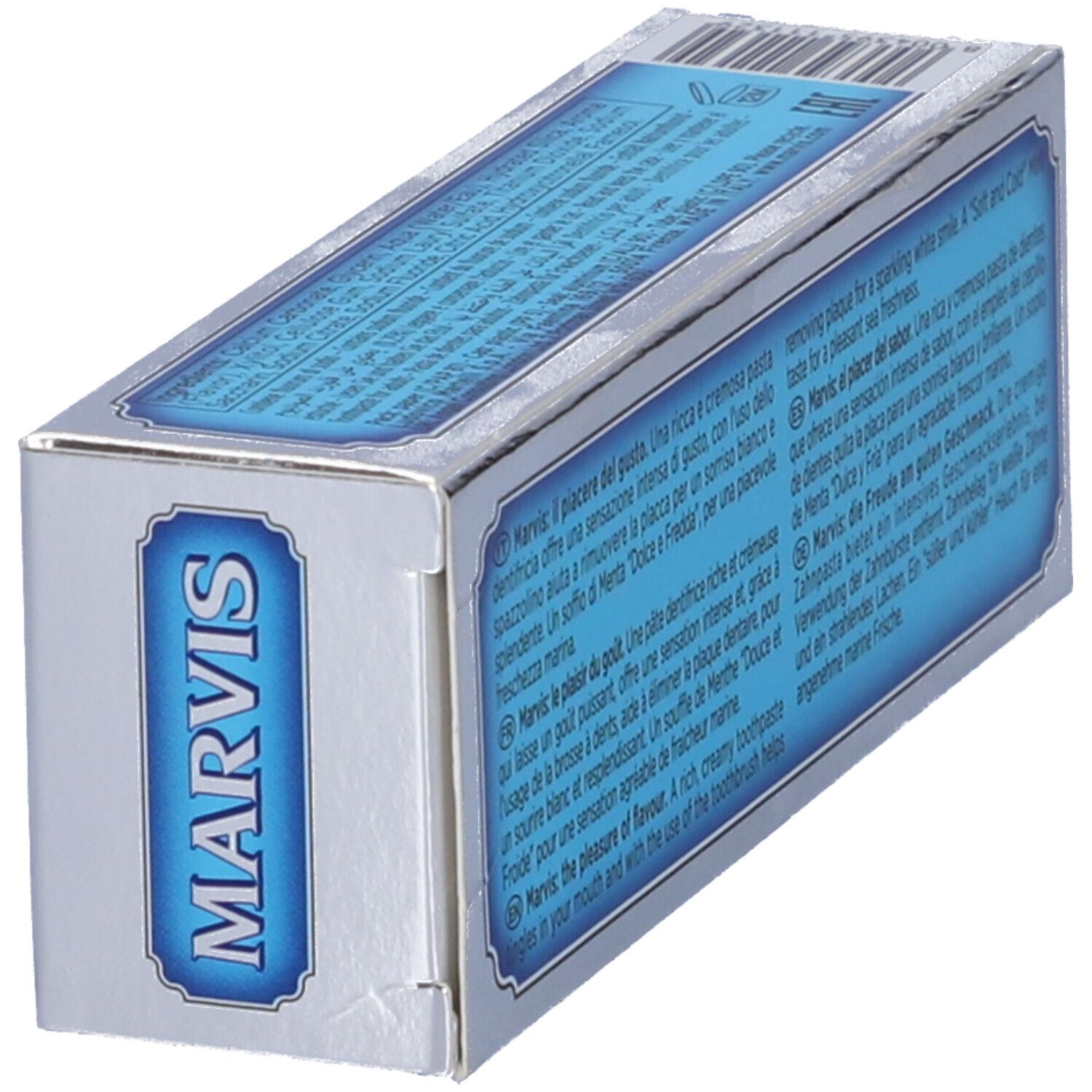 Marvis Zahnpasta-Verpackung mit blauem Etikett und silbernen Akzenten.