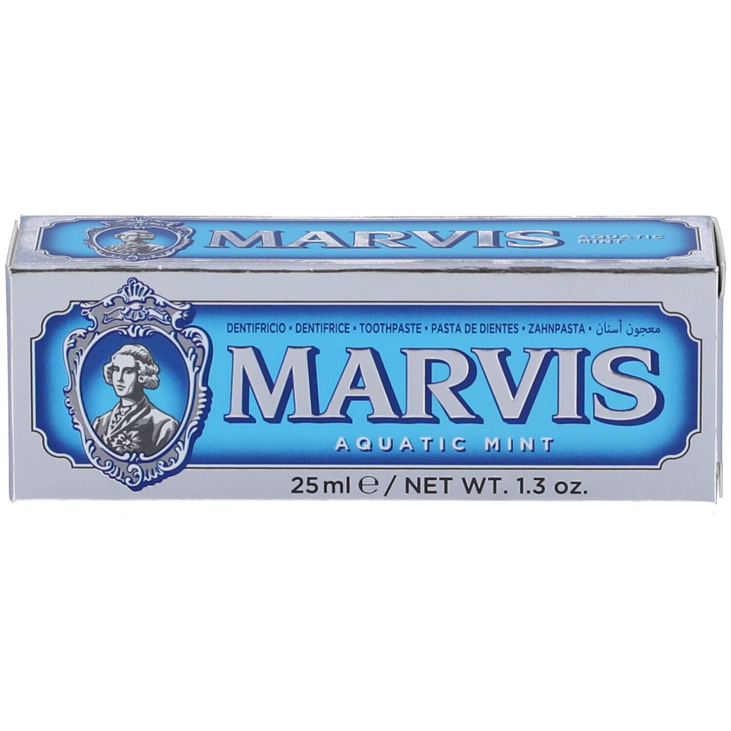 Marvis Zahnpasta Aquatic Mint 25ml Kartonverpackung mit Porträt und Schriftzug.