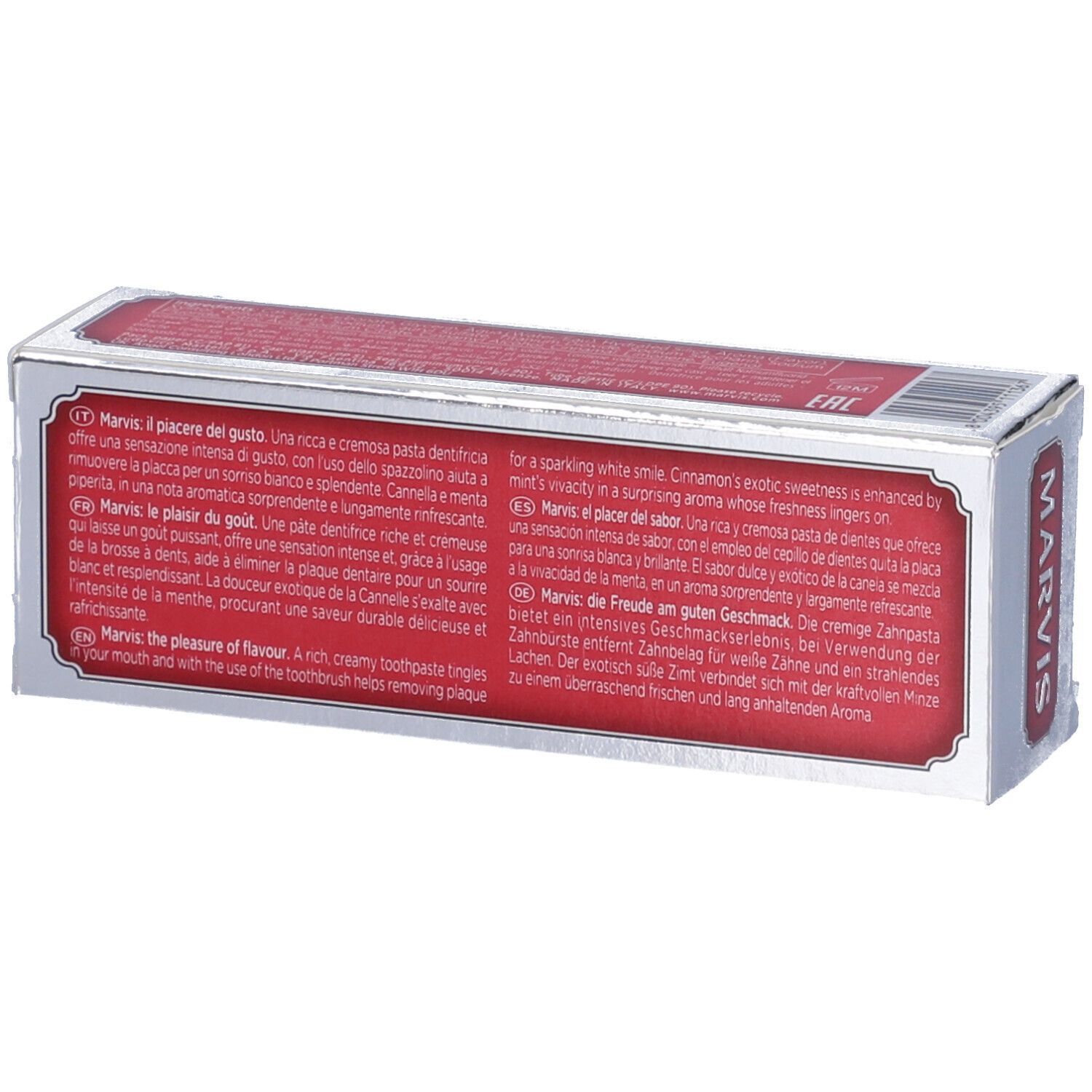 Retro della scatola di dentifricio Marvis Cinnamon Mint. Testo multilingue. Confezione argento.