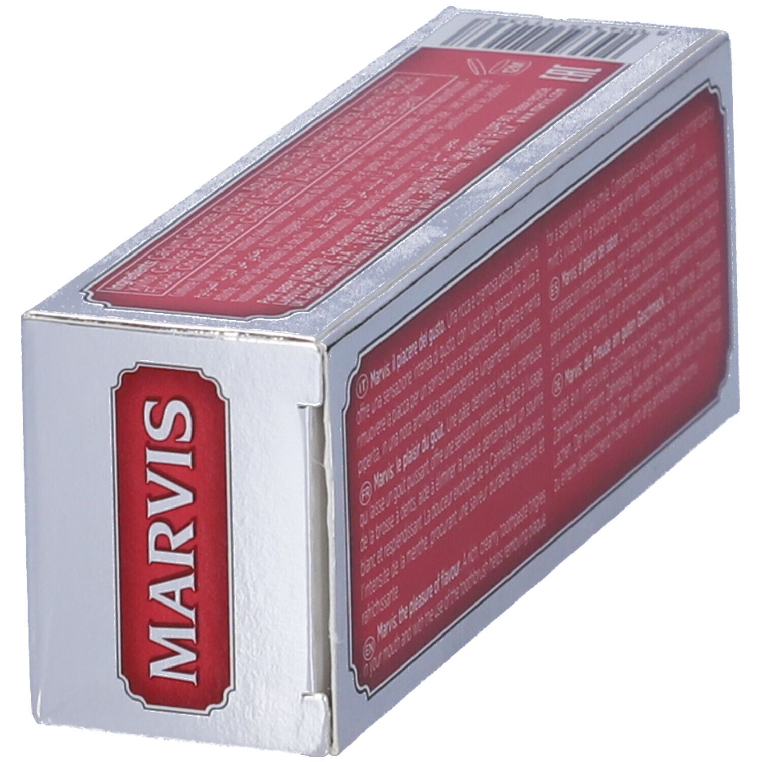 Scatola di dentifricio Marvis Cinnamon Mint. Confezione rossa e argento. Vista angolata.
