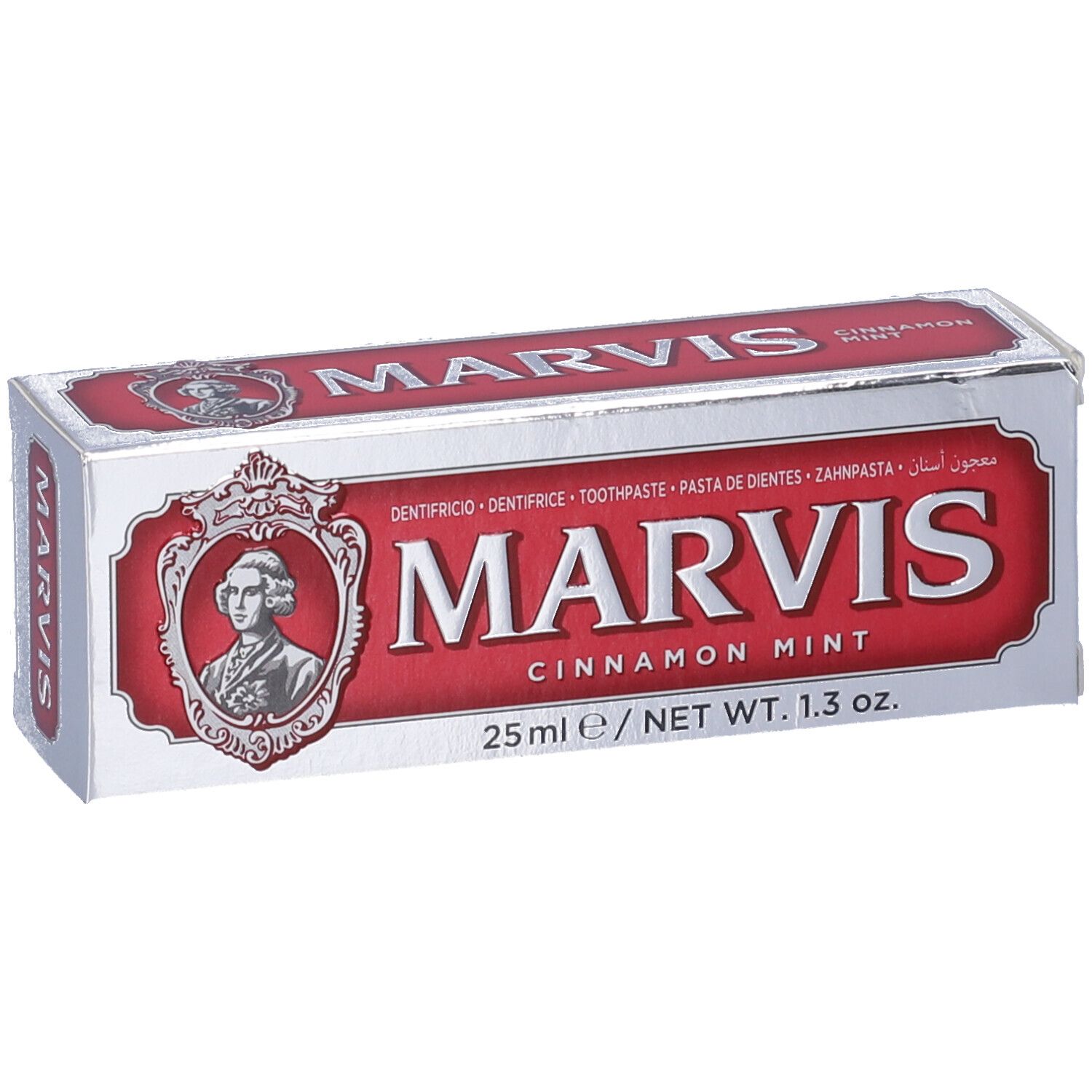 Scatola di dentifricio Marvis Cinnamon Mint. Confezione rossa e argento. Contenuto 25ml.