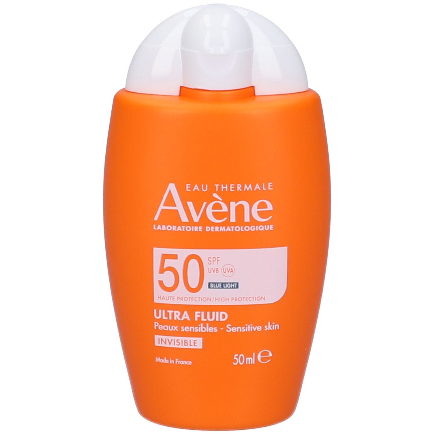 Retro del flacone arancione. Testo: Protezione UV, ingredienti, avvertenze, informazioni produttore.