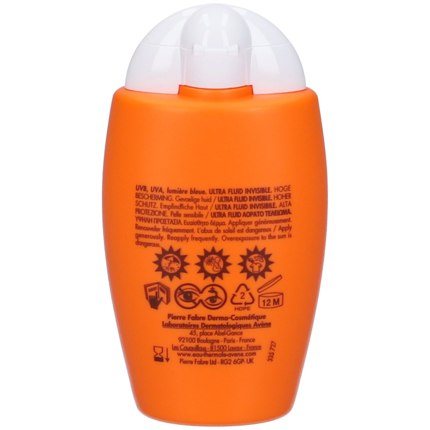Scatola e flacone arancioni. Testo: Avène, 50 SPF, Ultra Fluid, Invisible. 50ml.
