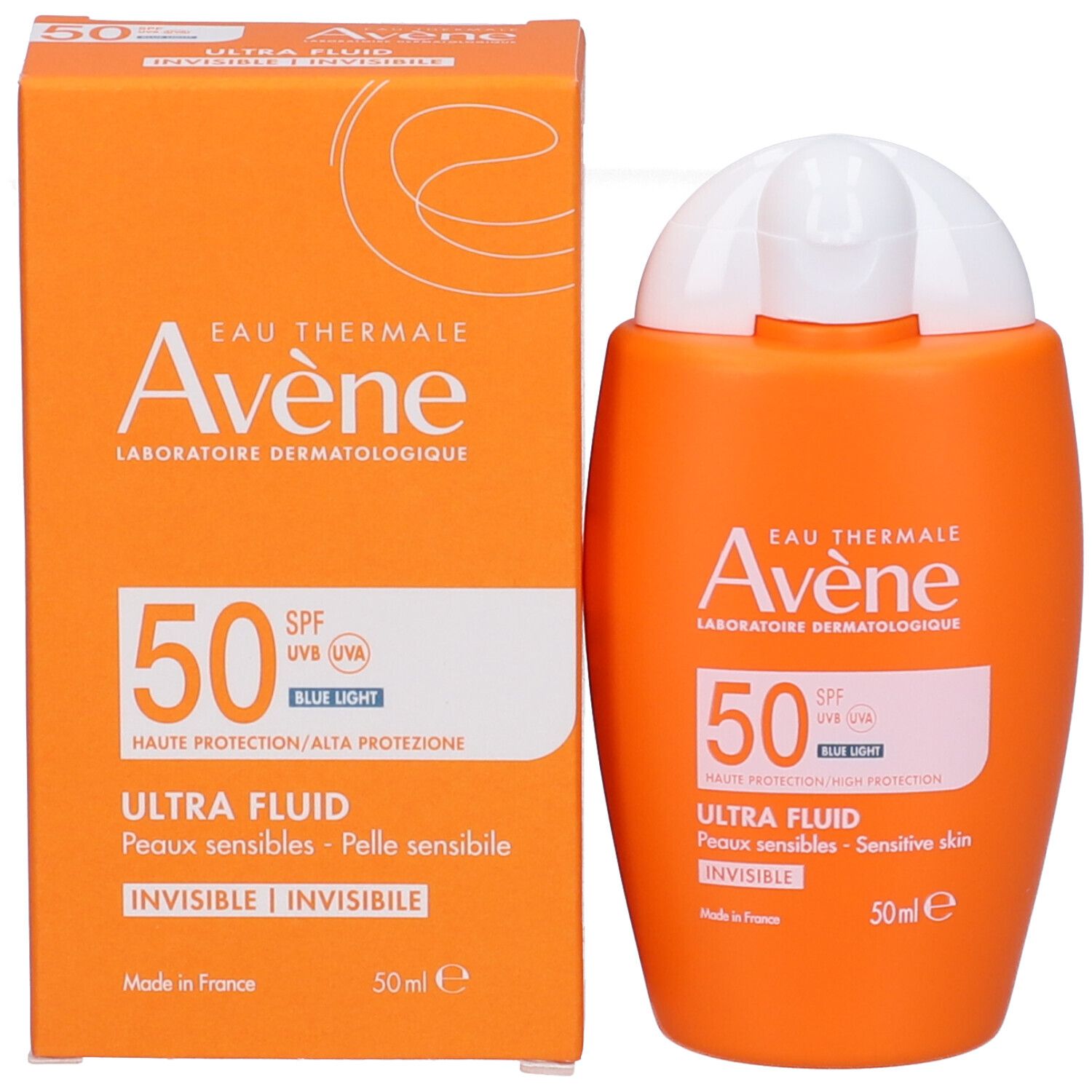 Scatola arancione. Testo: Avène, 50 SPF, Ultra Fluid, Invisible. 50ml.