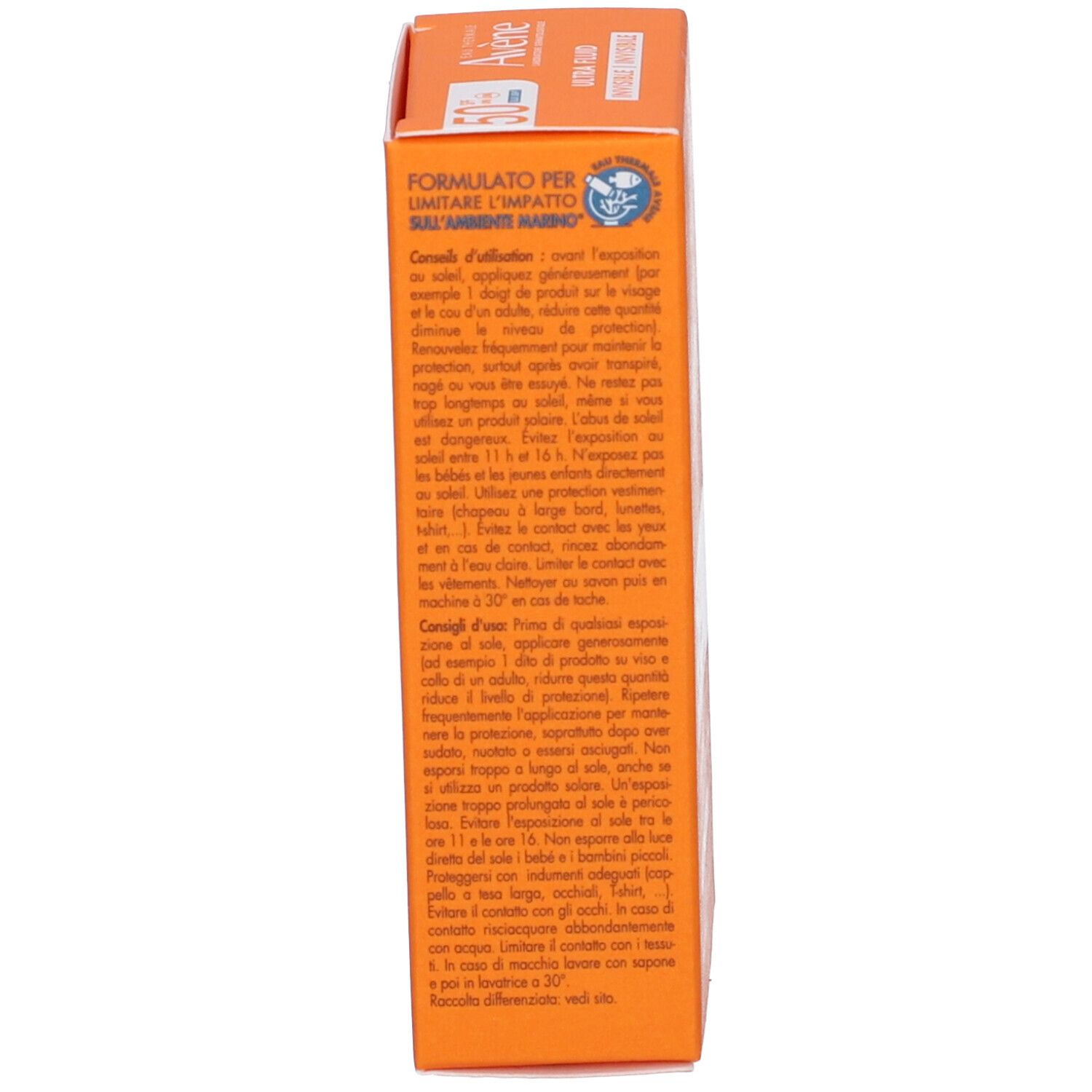 Lato della scatola arancione. Testo: Viso e collo, resistente all'acqua, senza profumo, vegano.