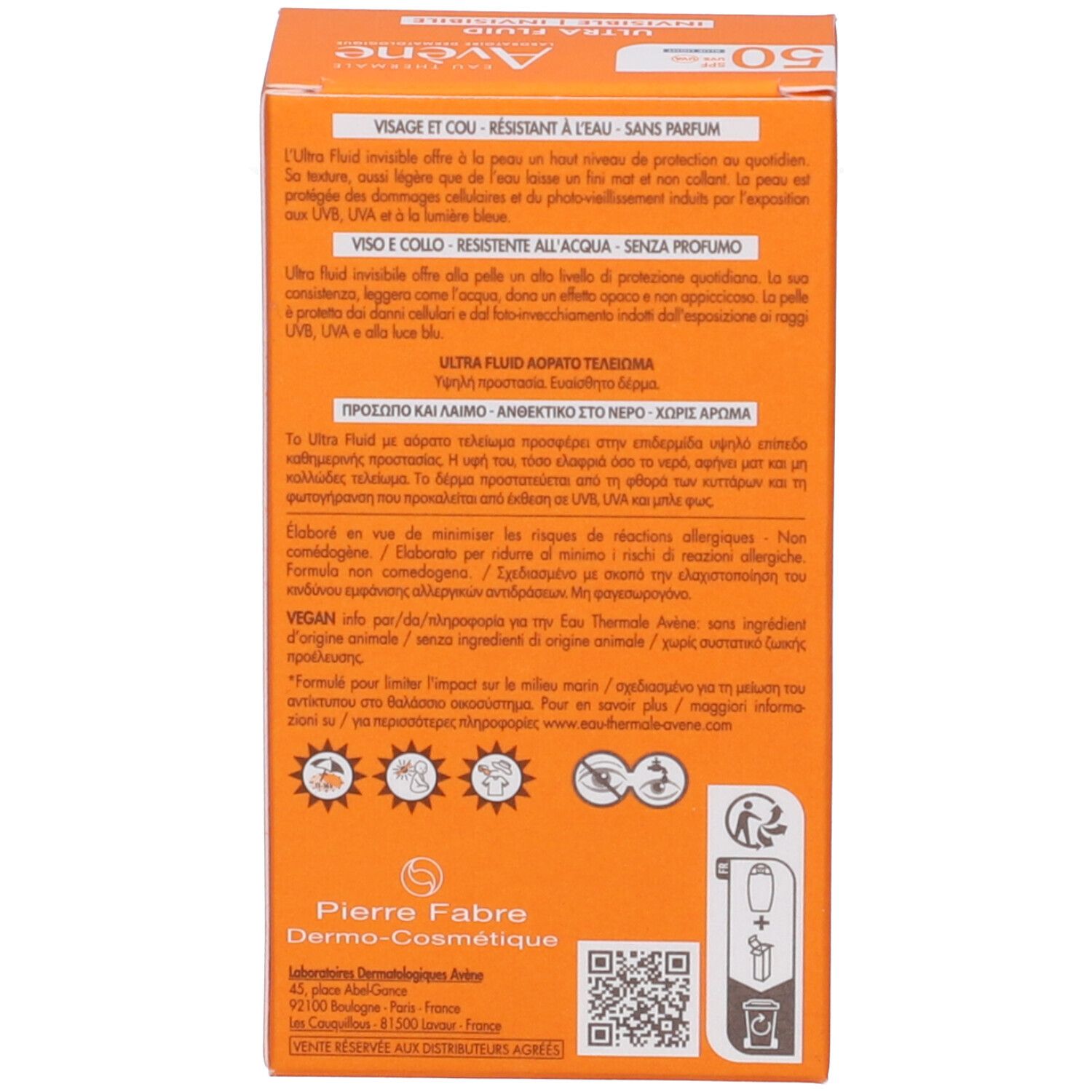 Lato della scatola arancione. Testo: Ingredienti, informazioni produttore, codice QR.