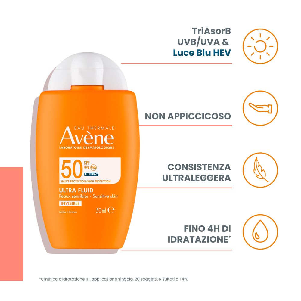 Flacone arancione con tappo bianco. Testo: Avène, 50 SPF, Ultra Fluid, Invisible. Elementi testuali e grafici.