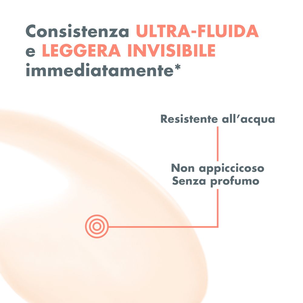 Primo piano di una zona della pelle. Testo: Consistenza ultra-fluida, non appiccicoso, senza profumo.