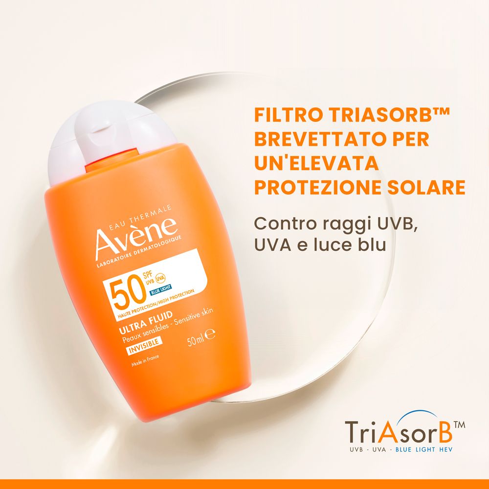 Flacone arancione con tappo bianco. Testo: TriAsorB, protezione UVB, UVA e luce blu.