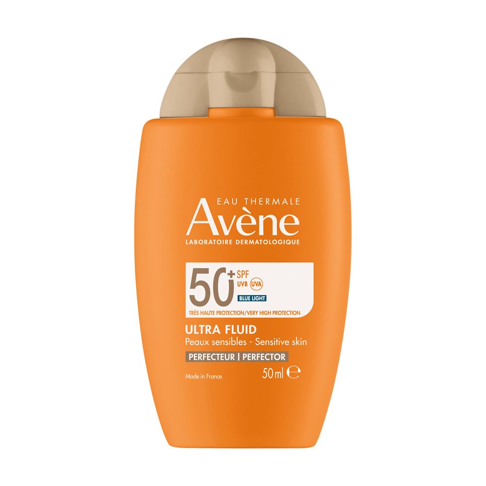 Flacone arancione con protezione solare. Contiene SPF 50+ e filtro luce blu. 50 ml.
