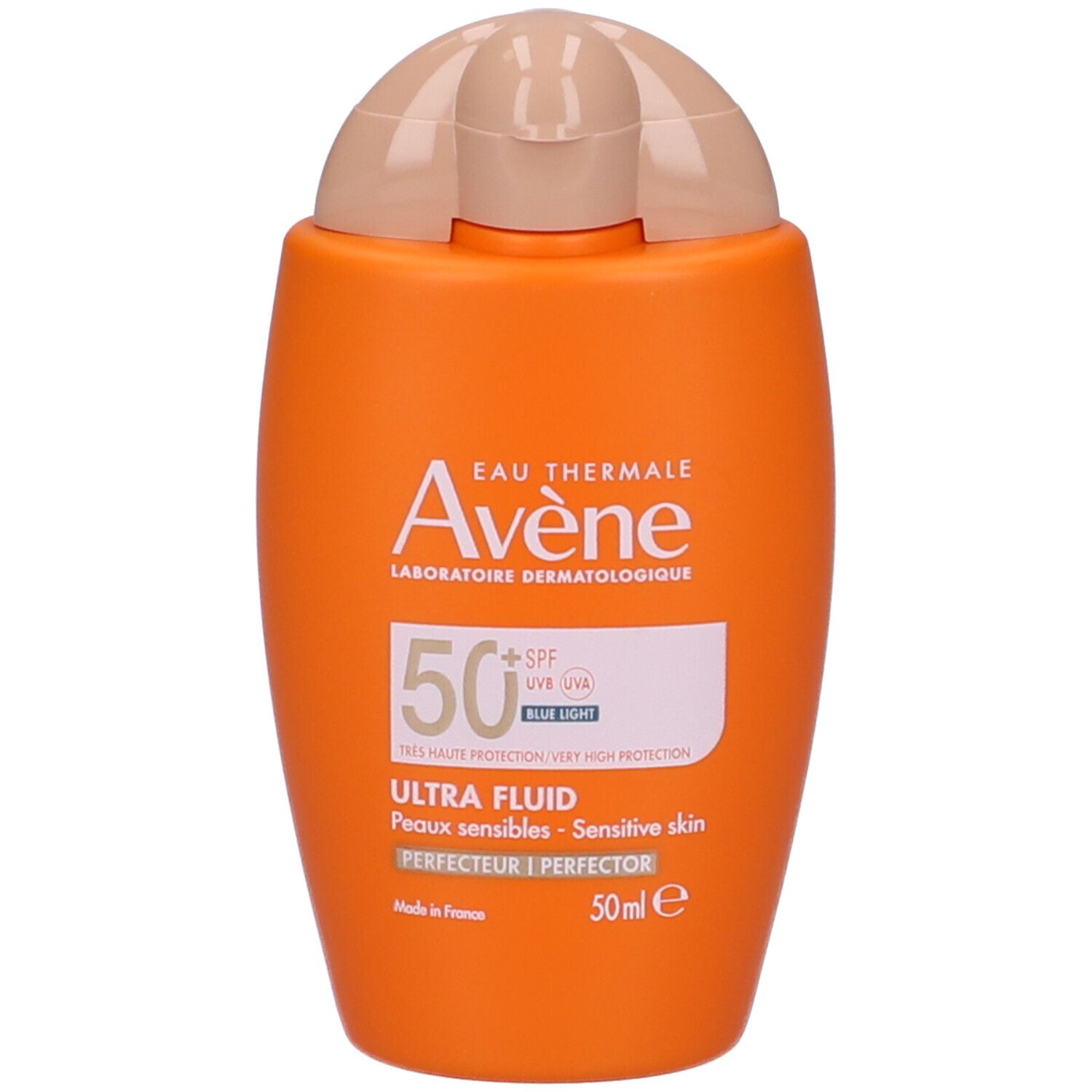 Flacone arancione con protezione solare. Contiene SPF 50+ e filtro luce blu. 50 ml.