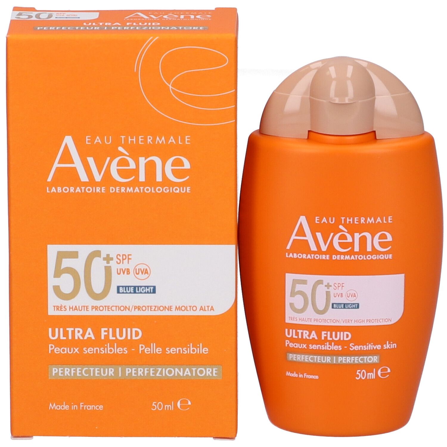 Confezione del prodotto. Scatola e flacone arancioni. Contiene SPF 50+ e filtro luce blu. 50 ml.