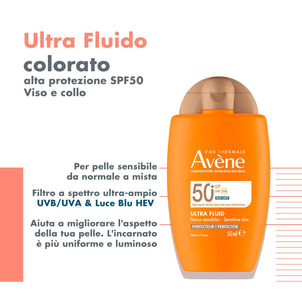 Immagine con testo. Ultra Fluid, SPF 50 alto, per viso e collo. Per pelli sensibili.