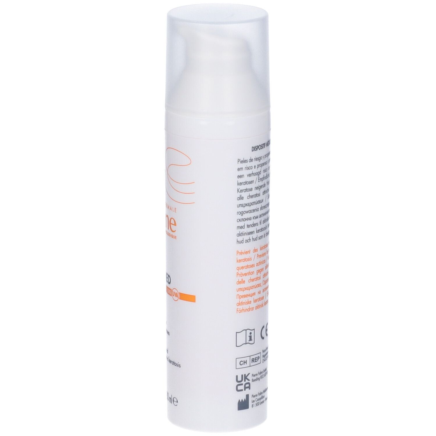 Flacone bianco con dosatore. Scritte: Eau Thermale Avène, SunsiMed KA. Pittogrammi.