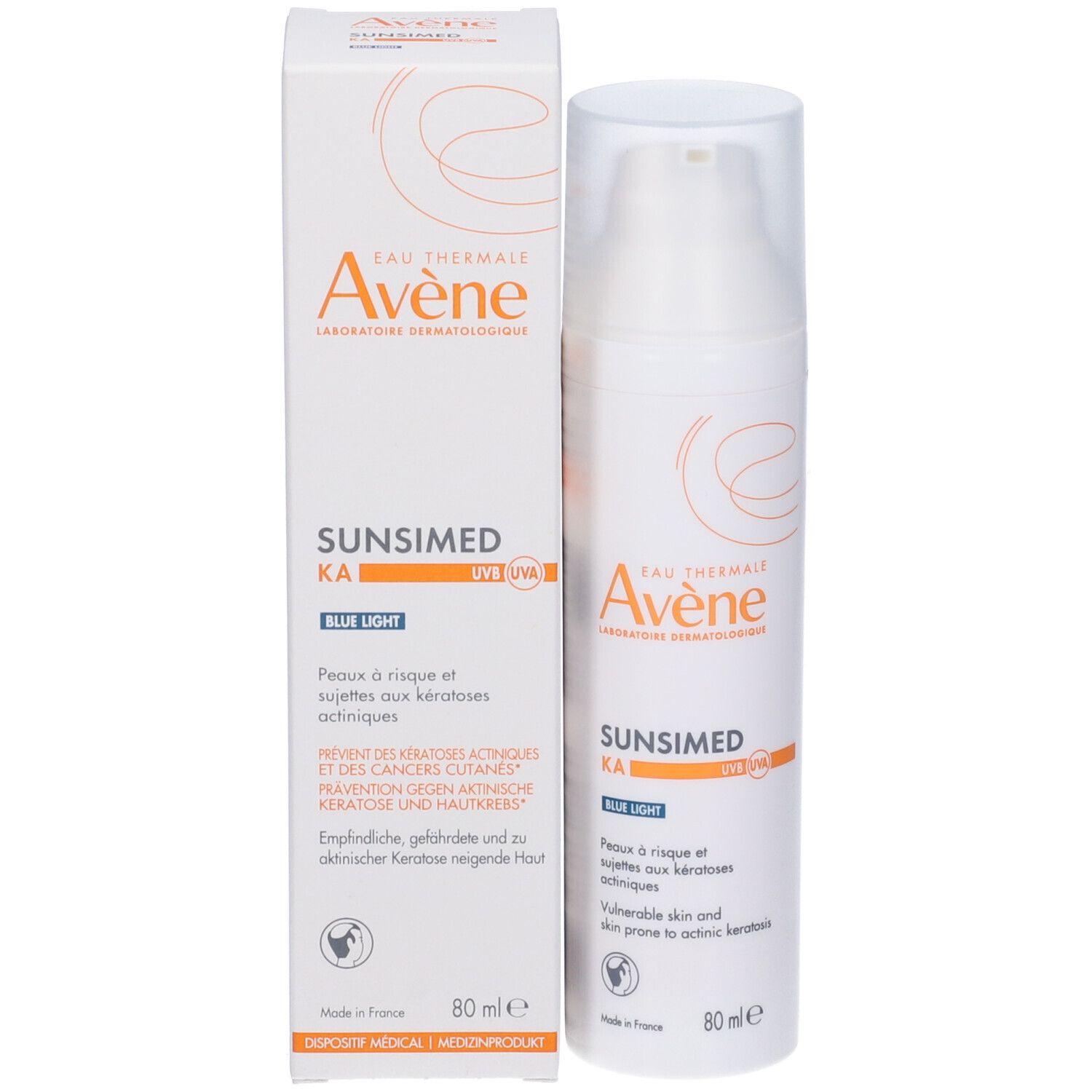 Confezione e flacone. Scritte: Eau Thermale Avène, SunsiMed KA, Blue Light, 80 ml.