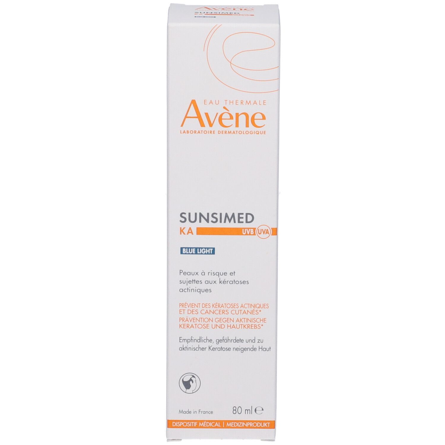 Confezione. Scritte: Eau Thermale Avène, SunsiMed KA, Blue Light, 80 ml.