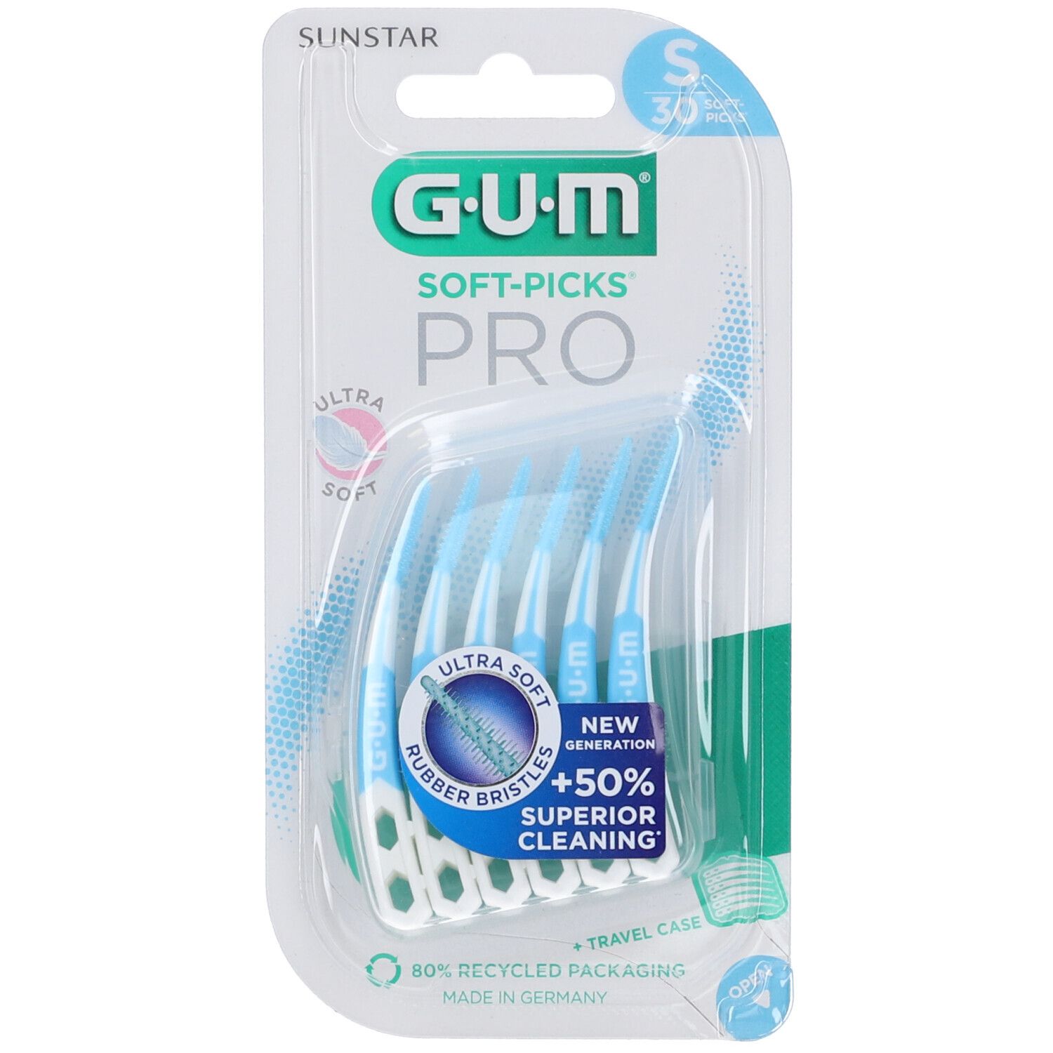 GUM Soft-Picks PRO. Confezione di scovolini interdentali. Setole blu, manico bianco. Testo "Ultra Soft" e "+50% Superior Cleaning".