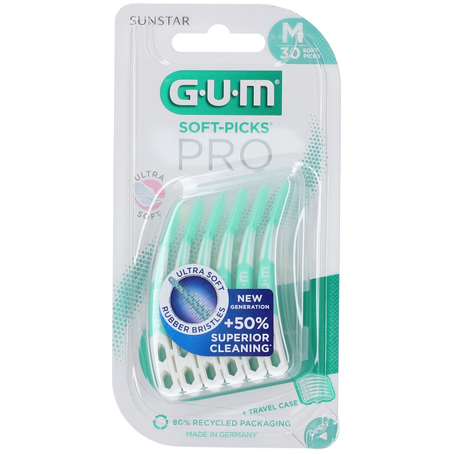 GUM Soft-Picks PRO. Confezione blister con scovolini verdi. Taglia M, 30 pezzi. Setole Ultra Soft. Custodia da viaggio.