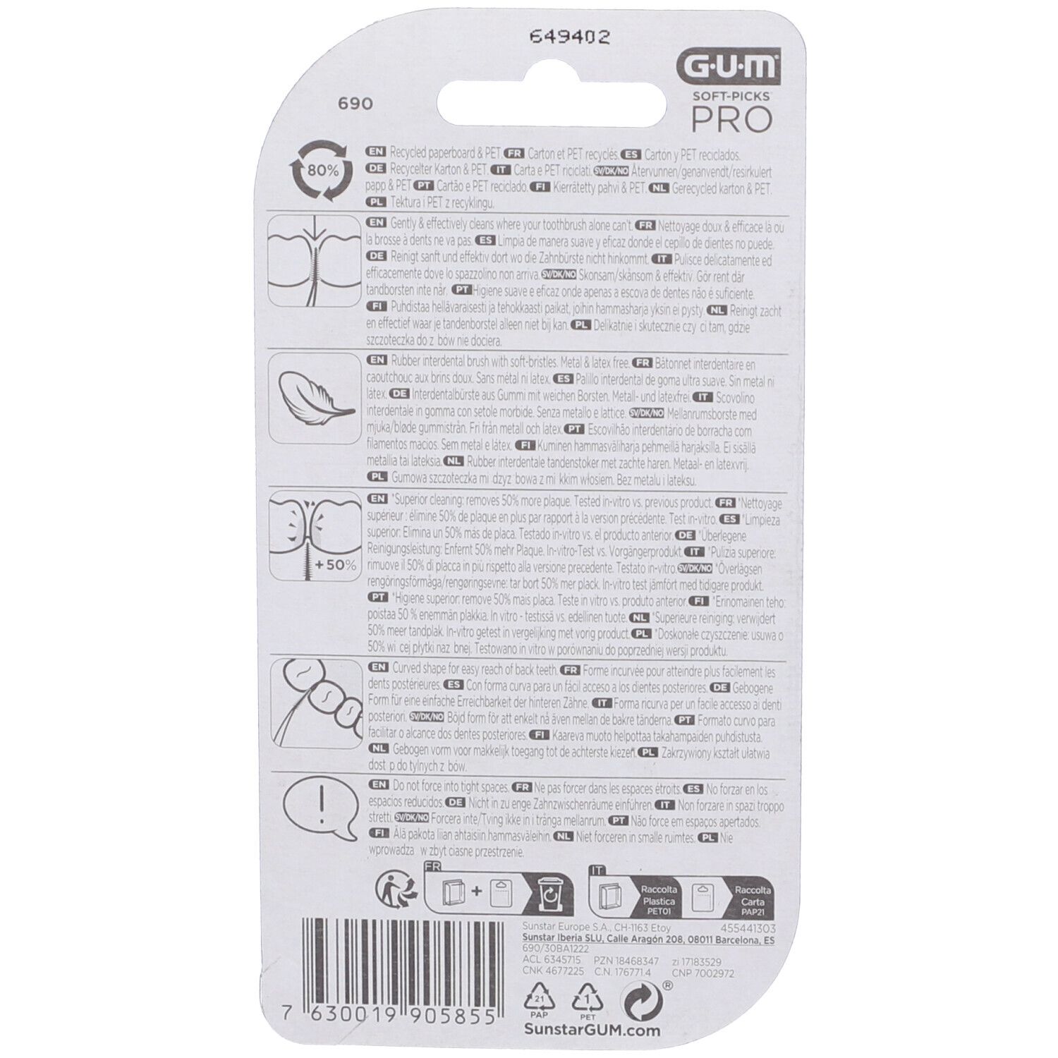 Retro confezione GUM Soft-Picks PRO. Testo multilingue. Simbolo riciclo. Simbolo custodia da viaggio.
